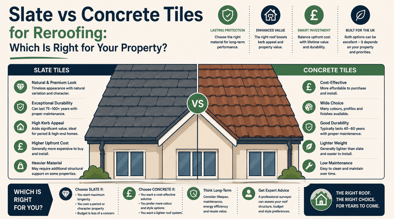 Slate vs concrete tiles for reroofing: which is right for your property?