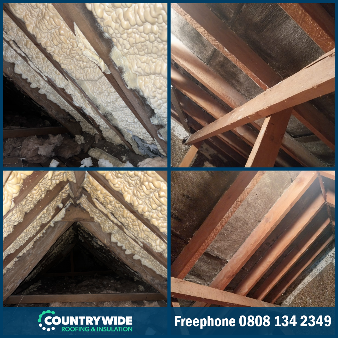 Spray foam removal across two lofts in Somerset showing foam-covered roof slopes before removal and exposed timber rafters afterwards