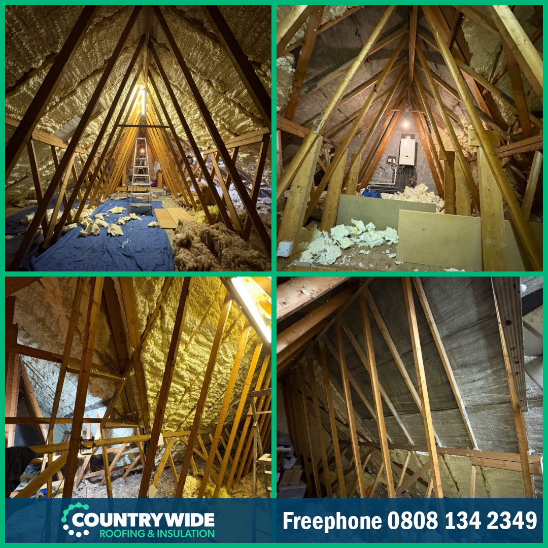 Open-cell spray foam removal in a Doncaster loft showing foam-covered roof slopes and exposed rafters at different stages of the project