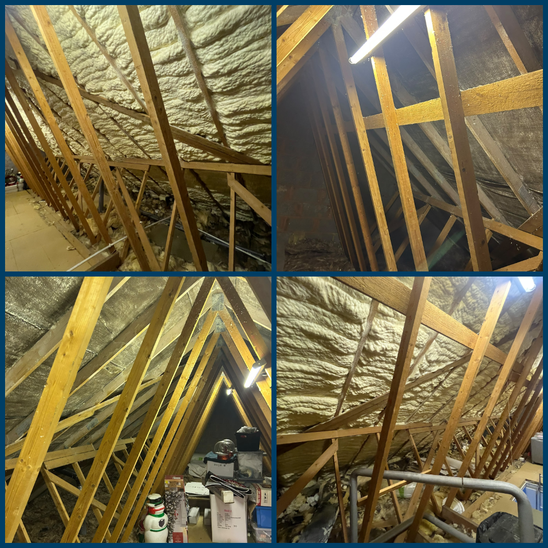 Open-cell spray foam removal near Southampton showing a loft with foam-covered roof slopes and exposed timber rafters at different stages of the project