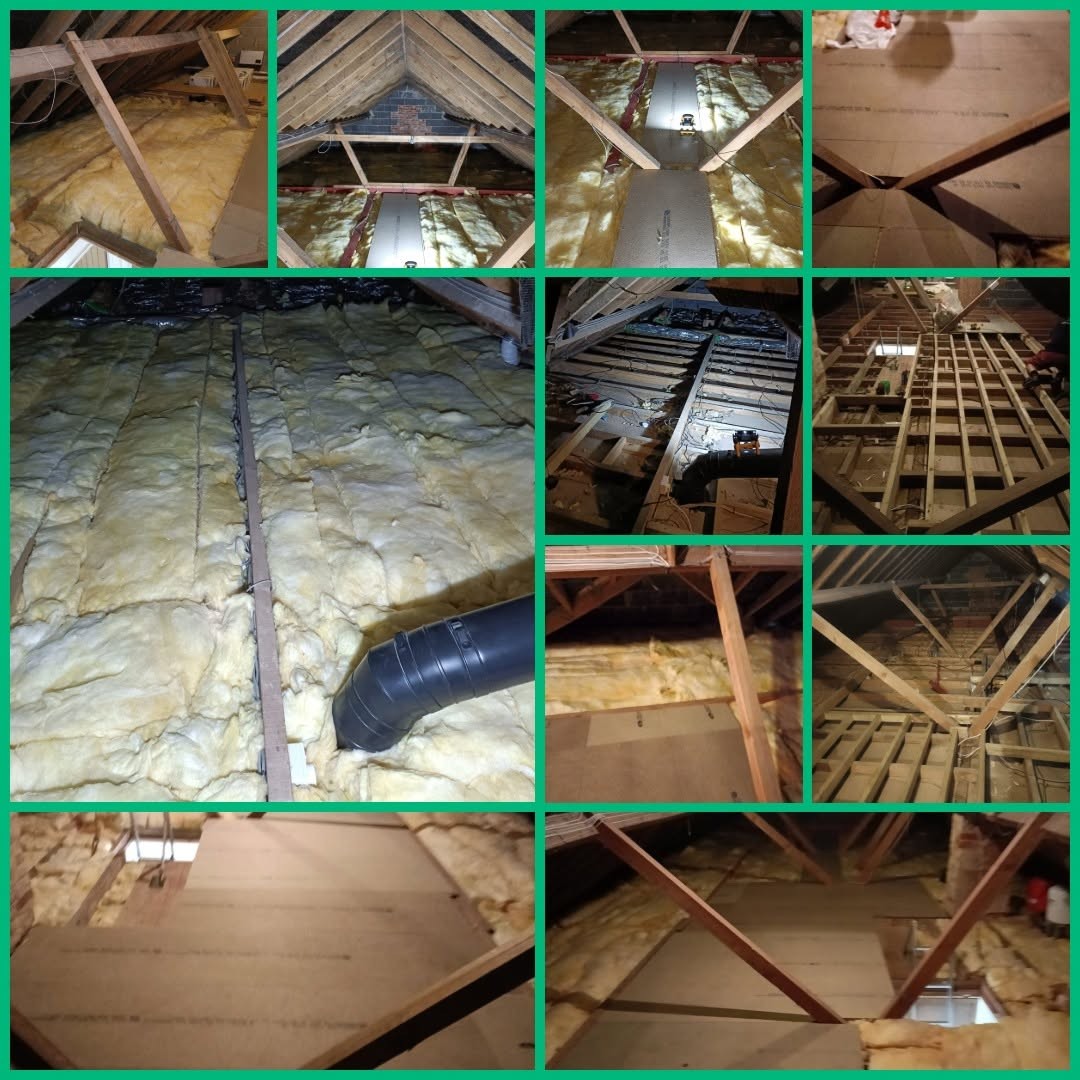 Loft insulation and boarding in Bournemouth showing insulated loft floors, timber framing and fitted boarding around roof timbers and the loft hatch