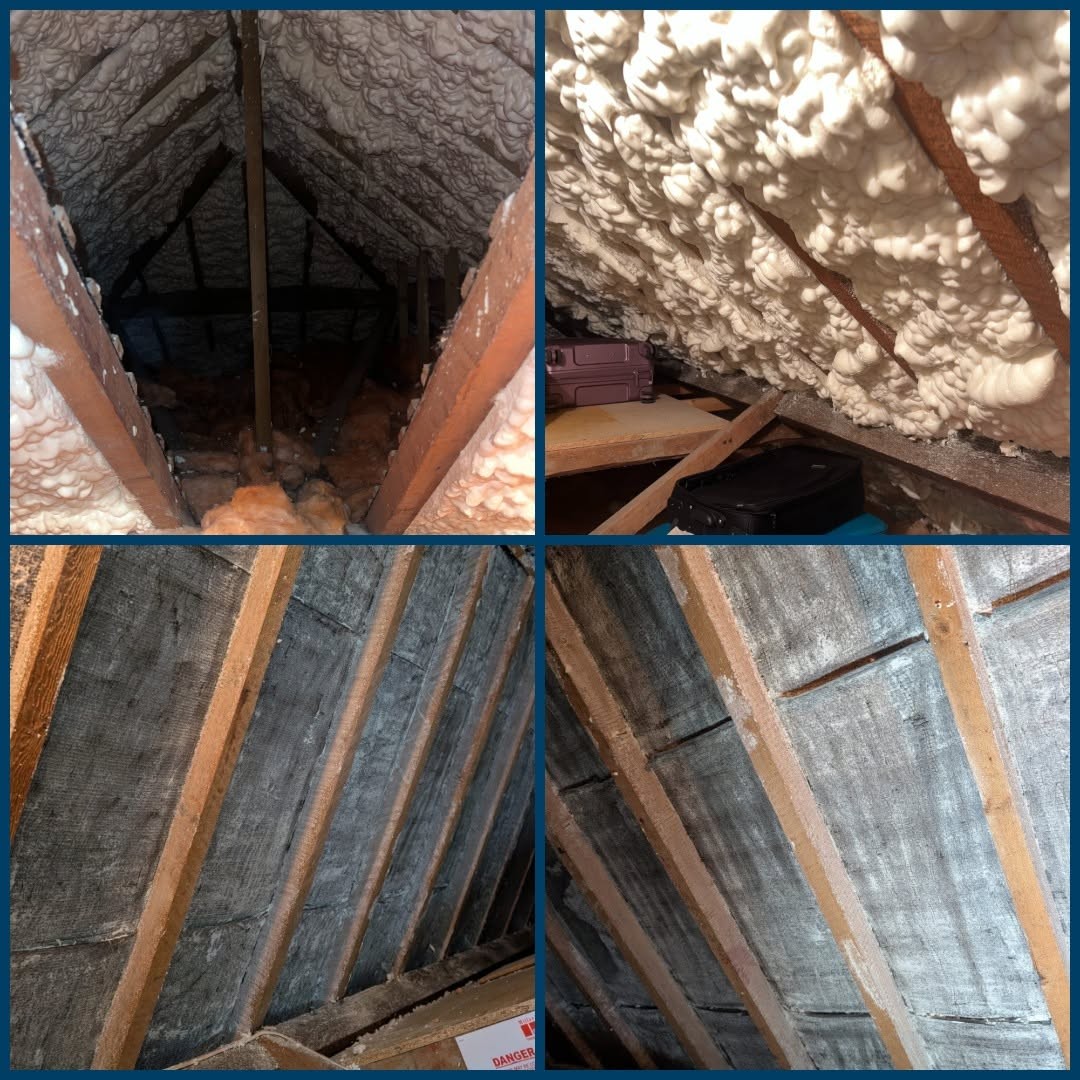 Open-cell spray foam removal in Winchester showing foam-covered roof slopes before removal and exposed roof felt and timber afterwards