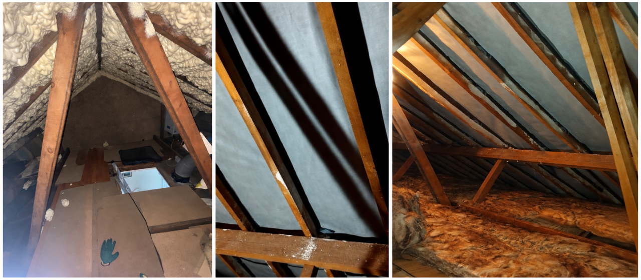 Open-cell spray foam removal and re-insulation showing the loft before removal, exposed roof lining and insulated loft floor