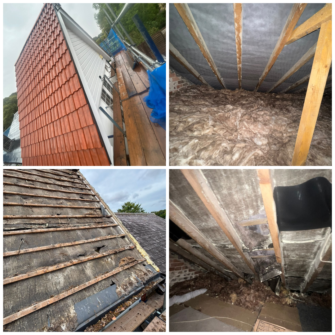 Roof replacement and loft re-insulation showing completed red roof tiles, renewed roof lining and the original underlay during work