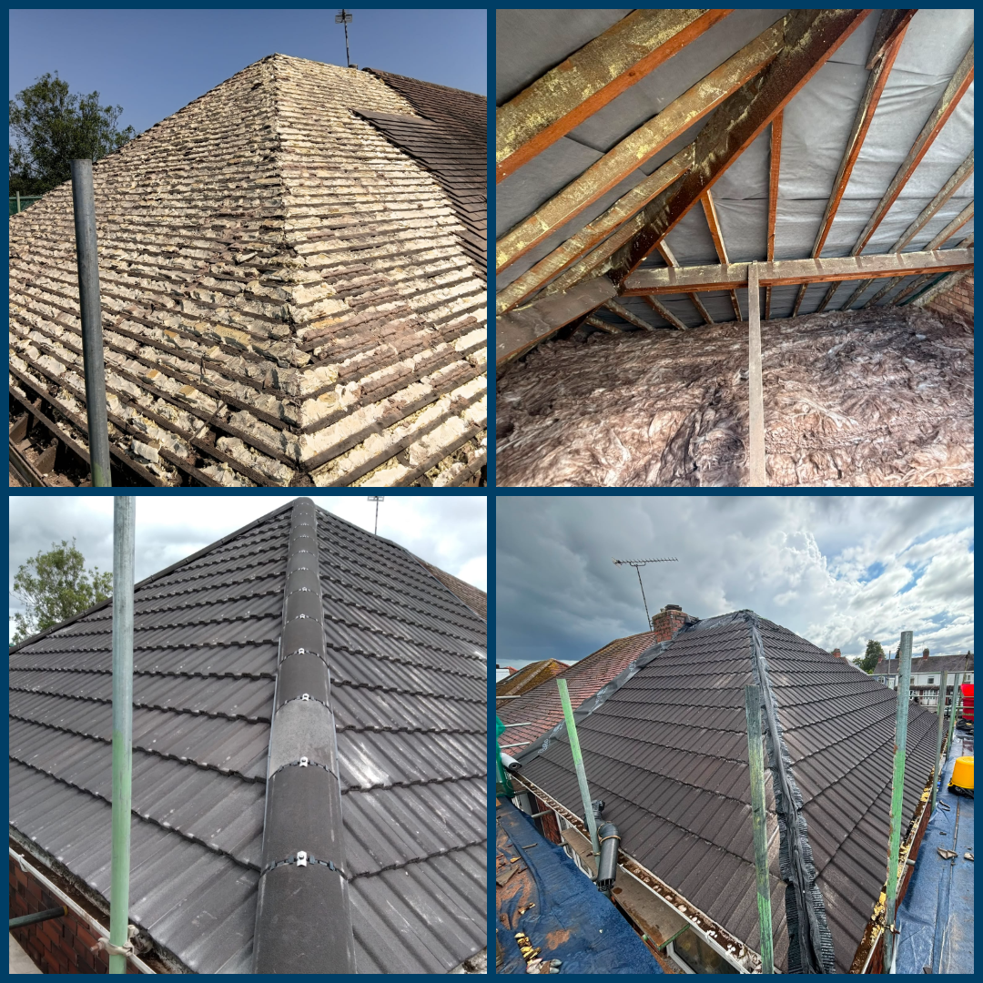 Closed-cell foam removal and re-roofing showing the stripped roof, completed grey tiles and re-insulated loft
