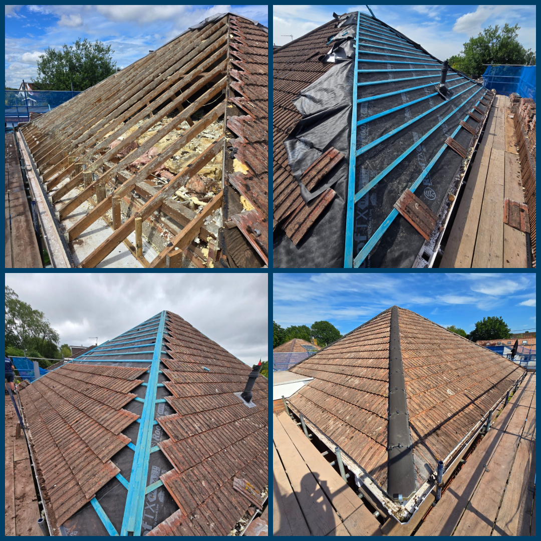 Closed-cell spray foam removal and re-roofing stages showing exposed rafters, new membrane and battens, and the completed tiled roof