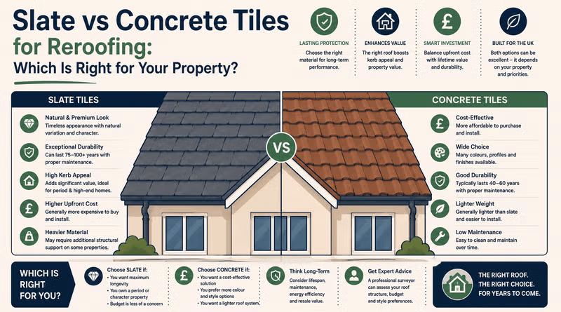 Slate vs concrete tiles for reroofing: which is right for your property?